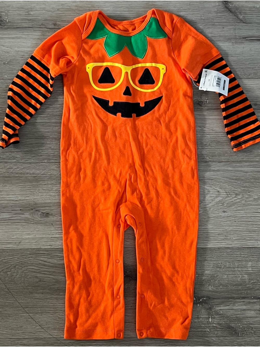 Kids Orange Pumpkin Face Romper with Striped Sleeves